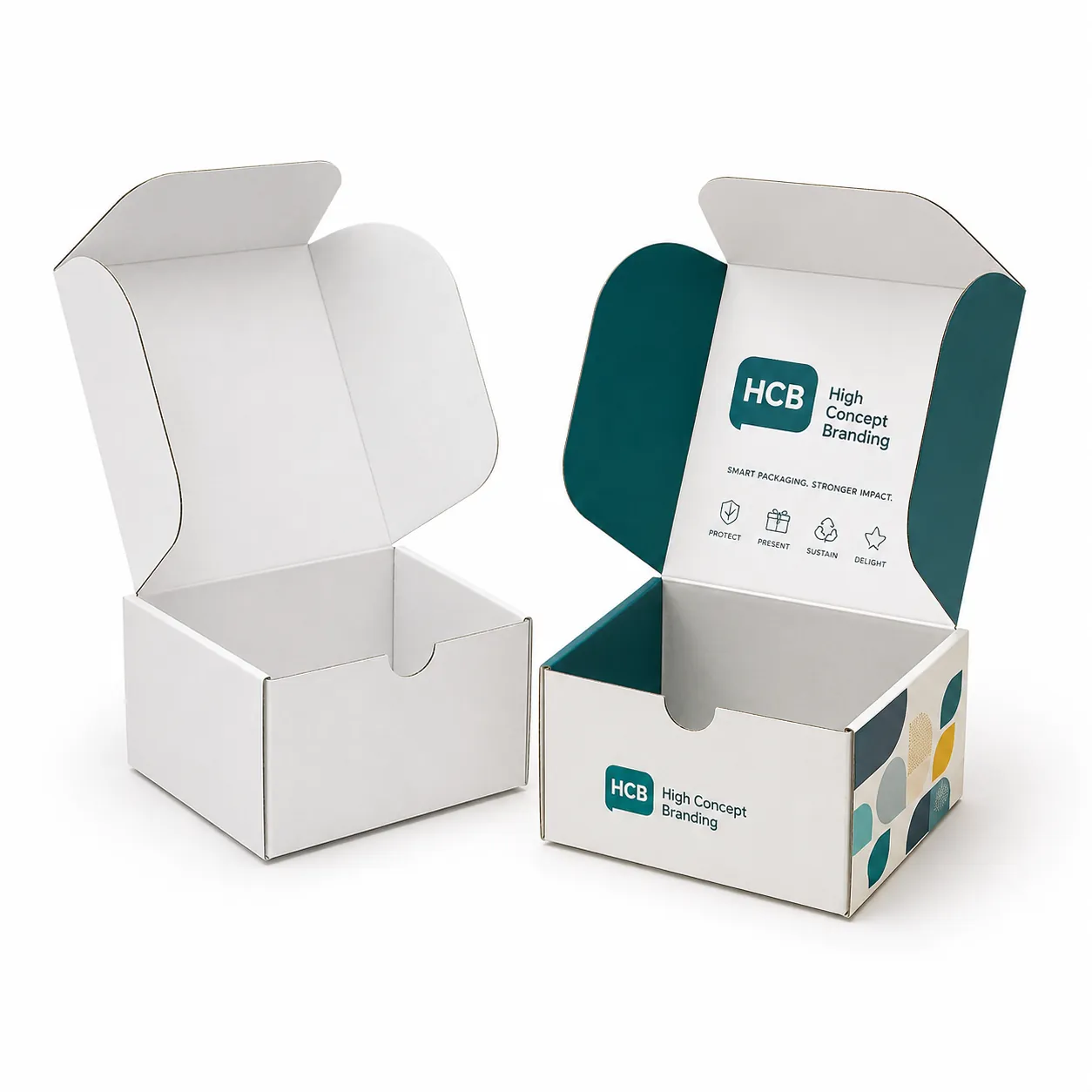 Open tuck top cardboard boxes with custom teal branding and icons for a high-quality retail product presentation. class=